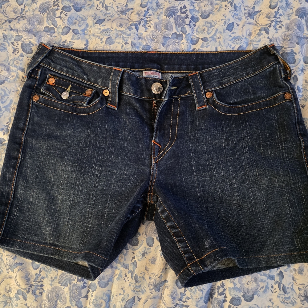 True Religion Dark Blue Denim Jean Shorts with Orange Contrast Stitching